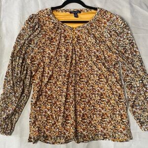 Floral Mustard Long-Sleeve Tee with Gathered Neckline